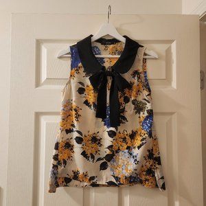 Floral Sleeveless Blouse with Black Peter Pan Collar & Tie